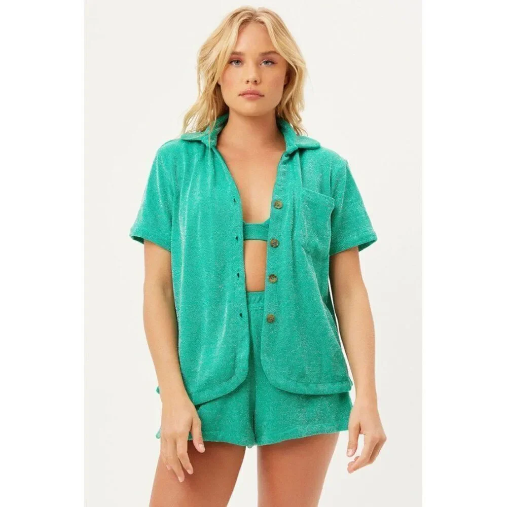 Frankies Bikinis Coco Sparkle Terry Button Up Shirt Mistletoe Green Large Beach